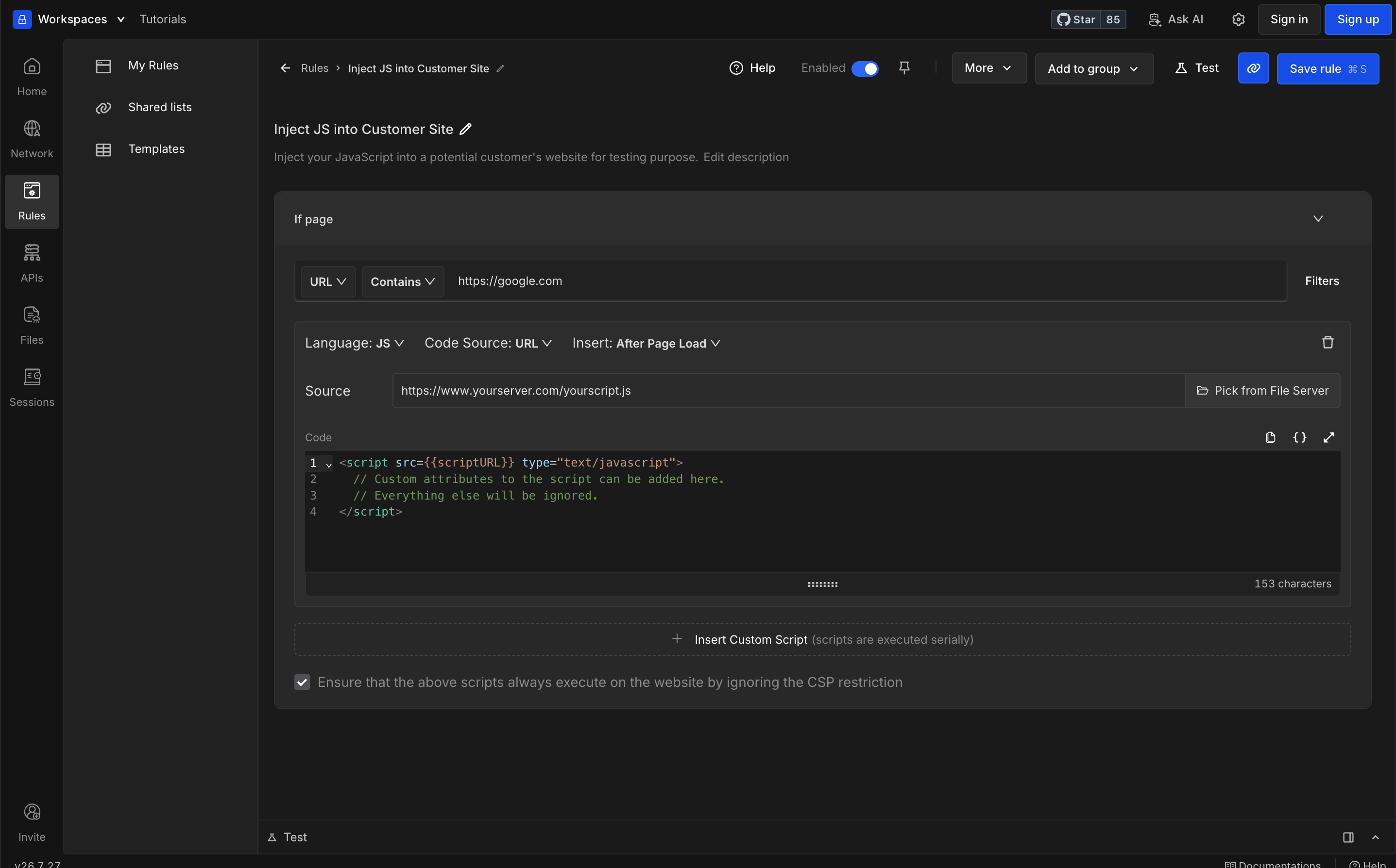 Rule details page for configuring and testing an Insert Script rule